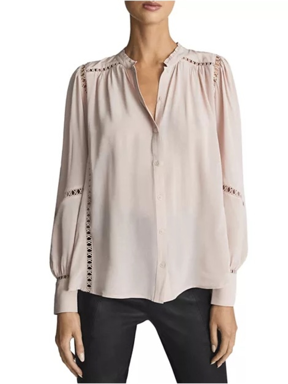 Reiss Kalisa Ladder Embroidery Satin Button Front Blouse Top Pink